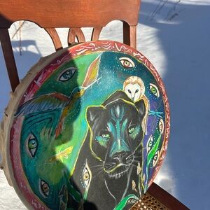 Shaman drum hand painted panther owl & hummingbird buffalo skin 18 inches